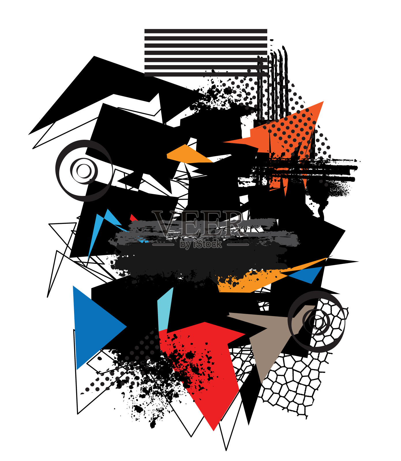 抽象艺术与多色几何碎片，grunge涂鸦喷漆，滴，飞溅，条纹线，墨渍，污迹，圆点。商业和技术概念设计。插画图片素材