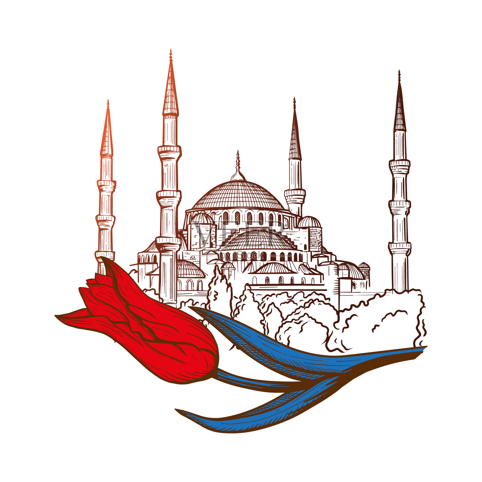 伊斯坦布尔苏丹艾哈迈德蓝色清真寺手绘草图，带着白色郁金香到开斋节的节日横幅。矢量插图的穆斯林节日。矢量插图的假期。插画图片素材