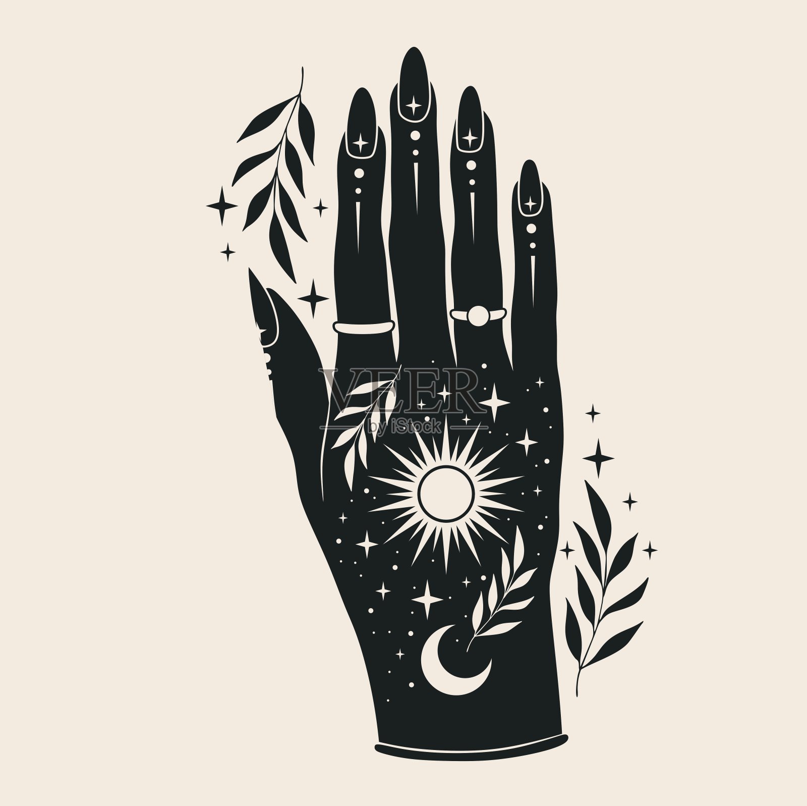 波西米亚女人手持草药，太阳，月亮。插画图片素材