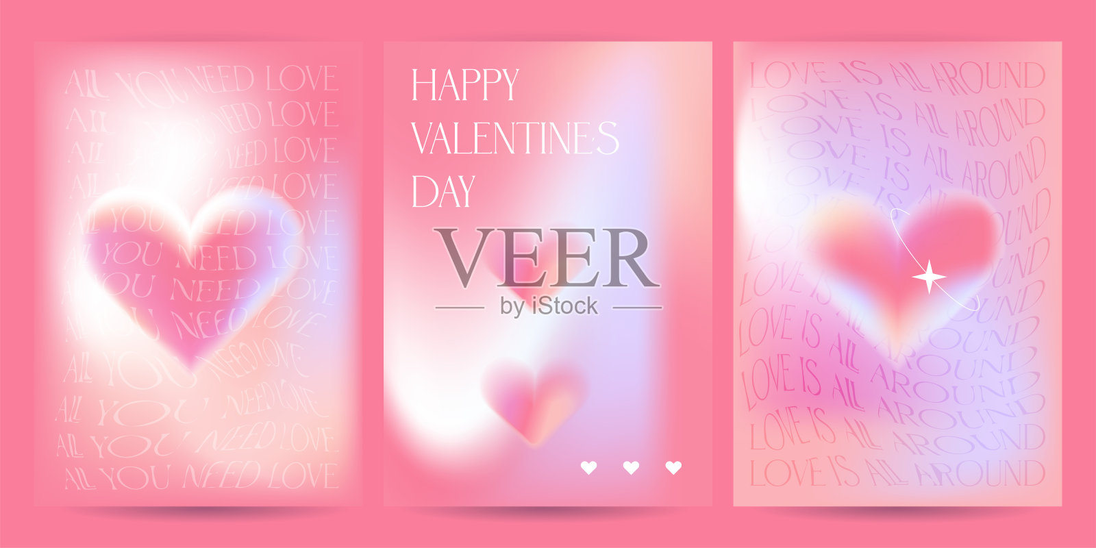 情人节a3海报模板集。可爱的现代艺术封面设计。邀请，贺卡或邮寄模板与情人节的心脏梯度。波浪粉色布局矢量设计。插画图片素材