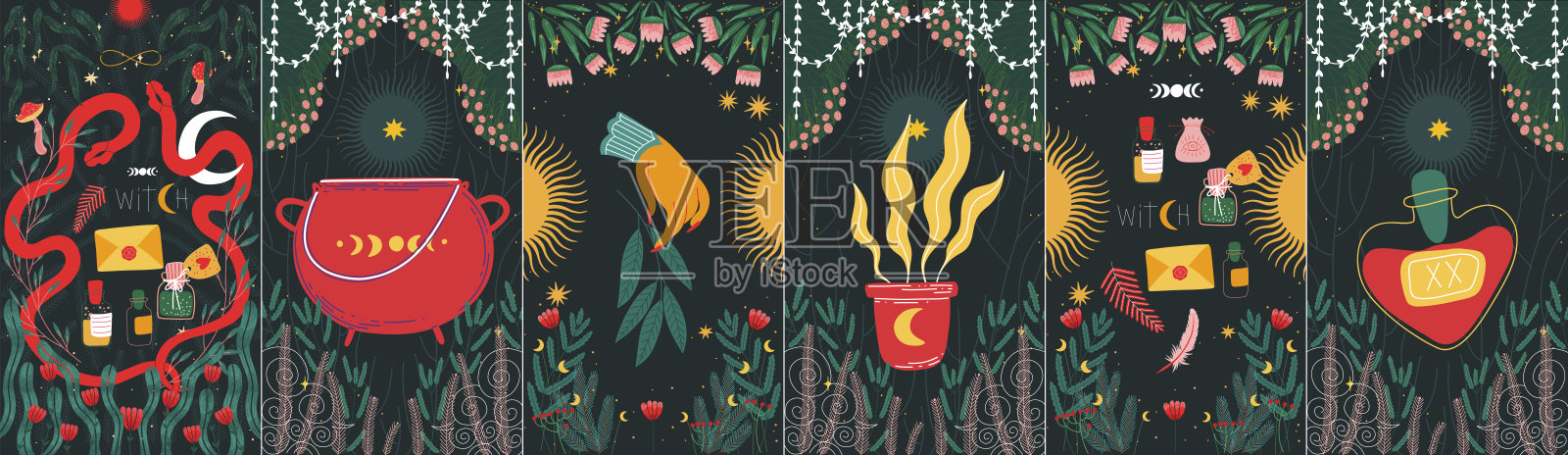 现代塔罗牌。预测或算命的未来和命运，神秘人物。印花在衣服或织物上的印花插画图片素材