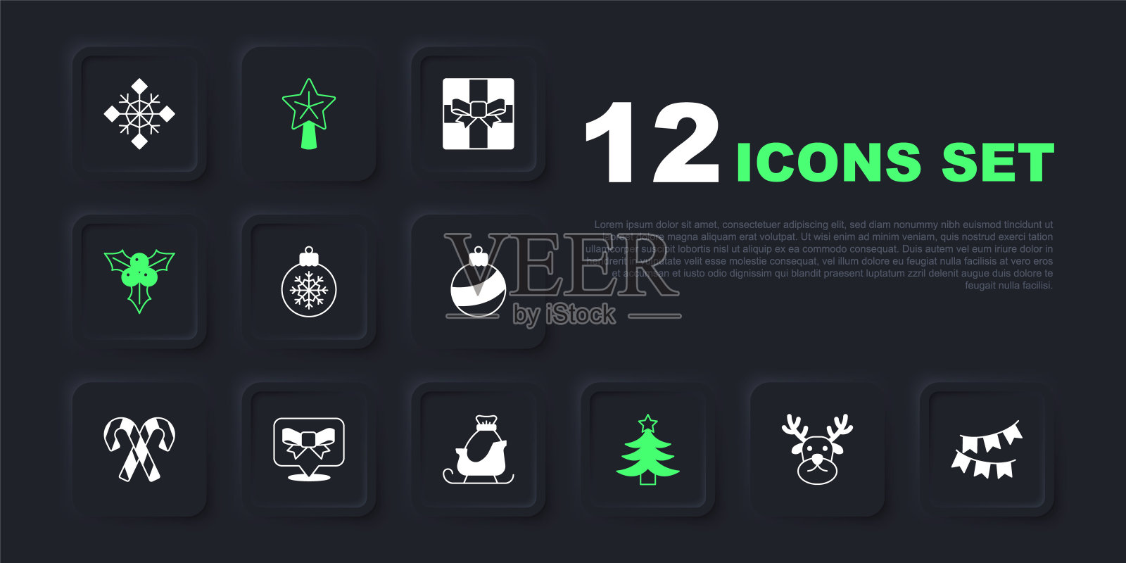 集驯鹿，嘉年华花环与旗帜，圣诞球，树，分支豆荚，礼物弓，明星和圣诞老人雪橇图标。向量插画图片素材