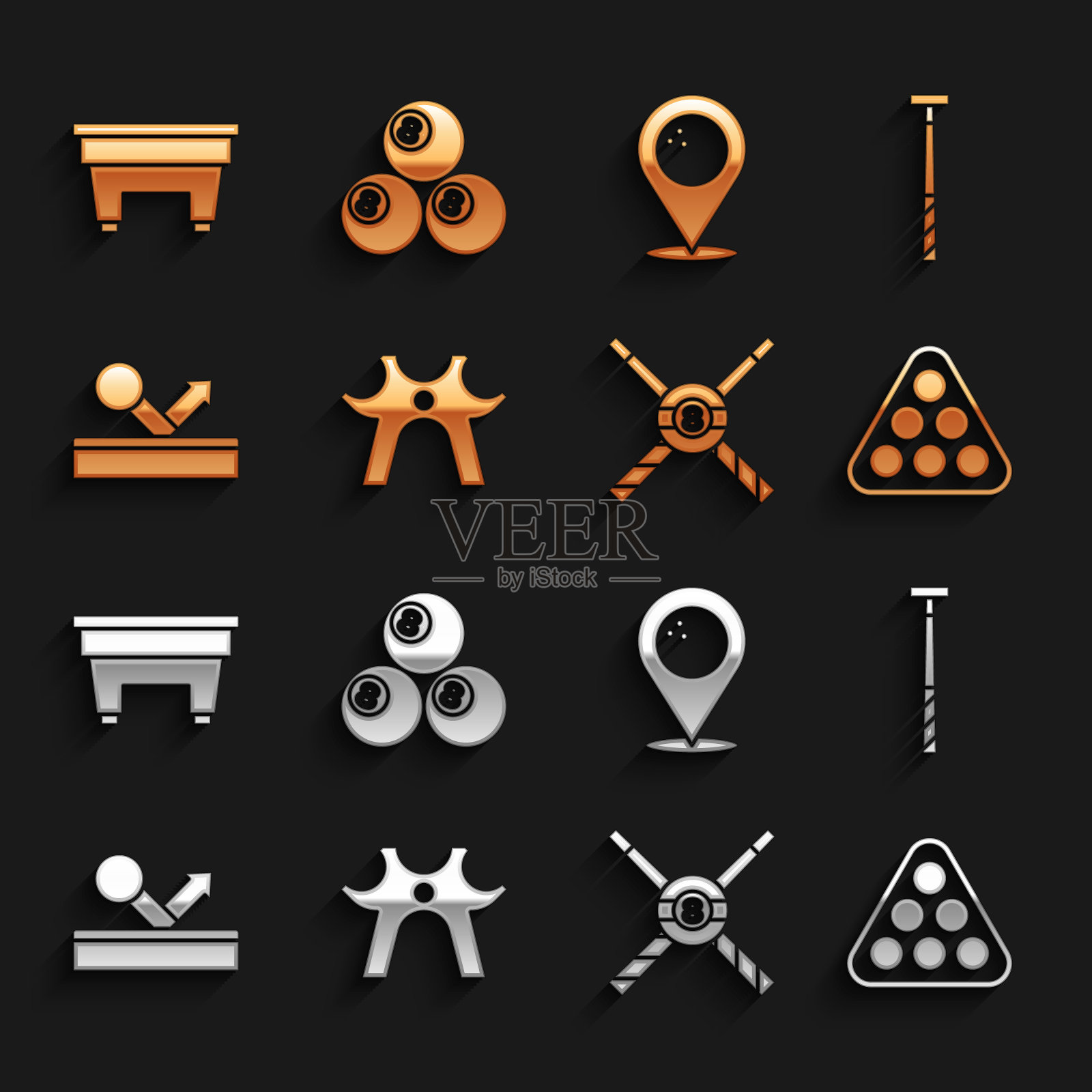 设置台球休息，球杆，球在架三角形，交叉台球球杆和，位置与保龄球，表和图标。向量插画图片素材