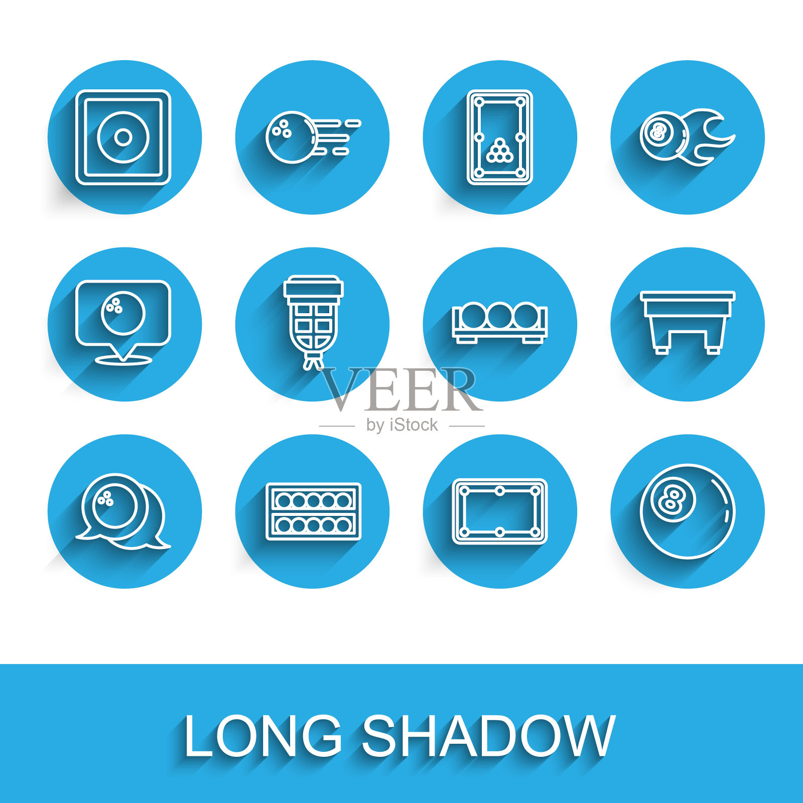 设置线保龄球，台球在看台上，粉笔，桌子，口袋，和图标。向量插画图片素材