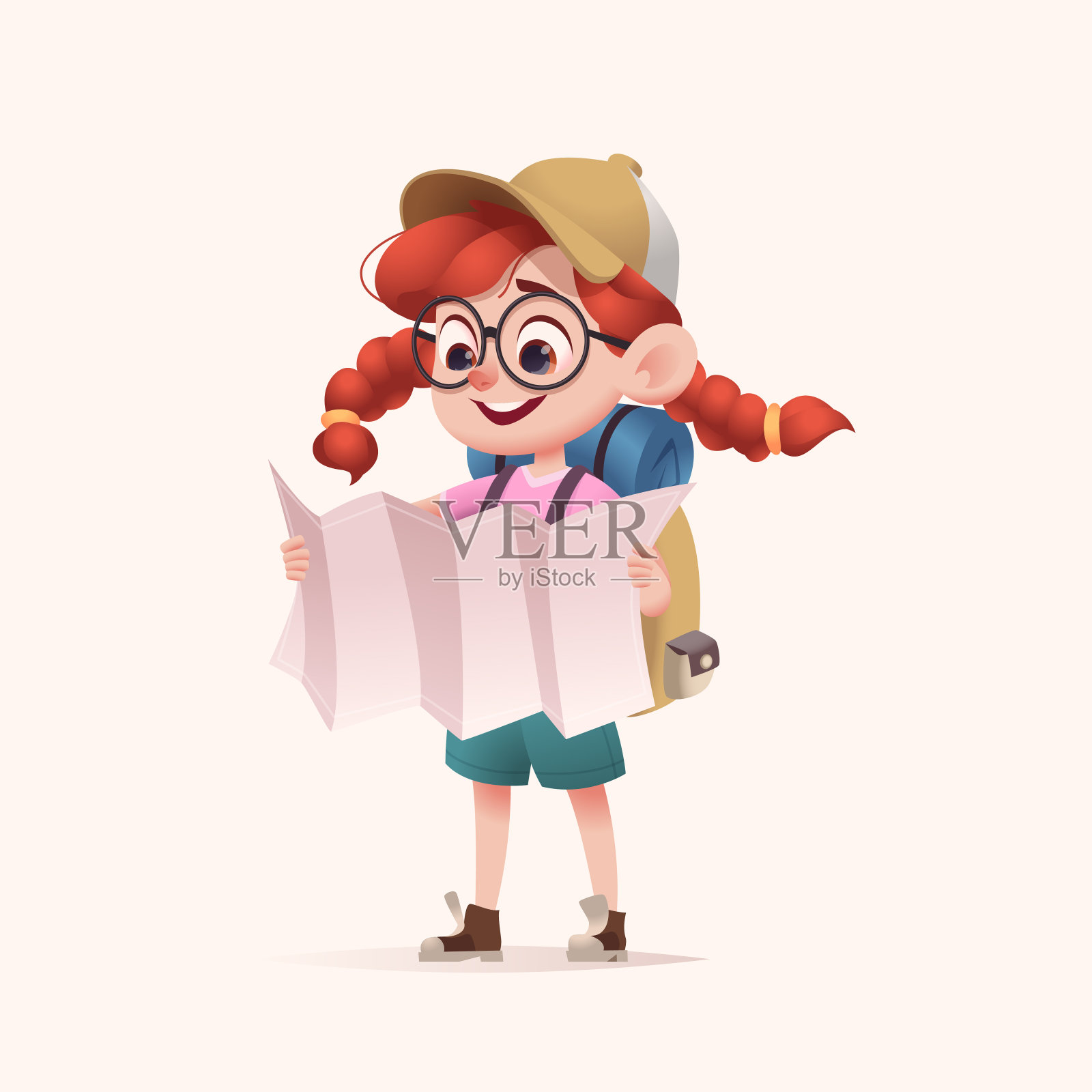 背包里拿着路线图的年轻女童子军。现代卡通3D风格矢量插图。插画图片素材