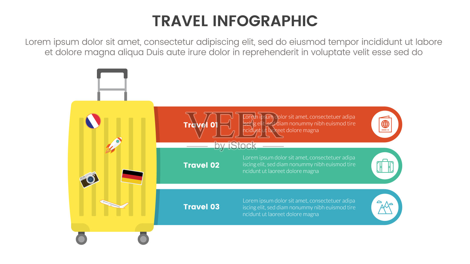 旅游假期信息图与3点阶段模板与大旅行箱旅行和圆形矩形框描述幻灯片演示插画图片素材