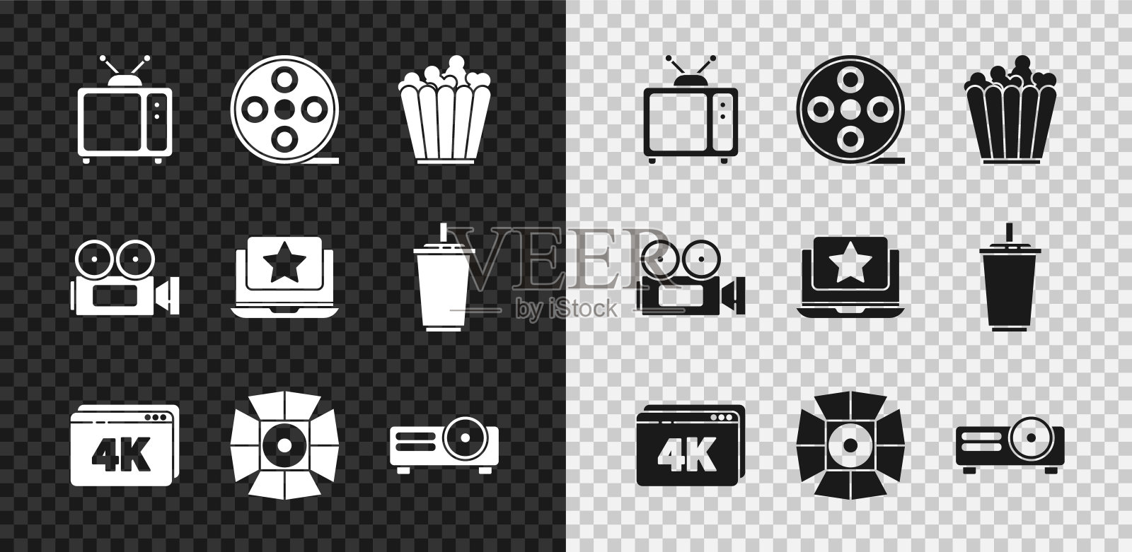 集复古电视，电影卷轴，爆米花盒，在线播放视频与4k，电影聚光灯，电影，电影，媒体投影仪，电影摄像机和笔记本电脑明星图标。向量插画图片素材
