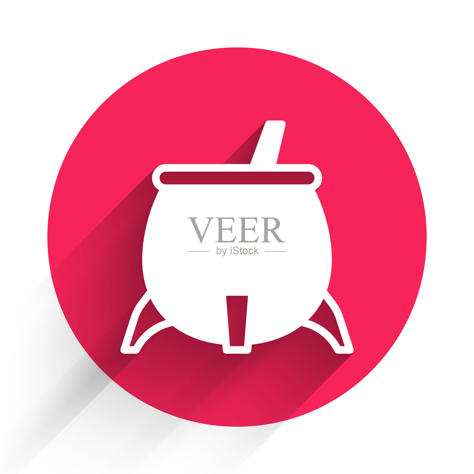 白女巫大锅图标孤立的长阴影背景。万圣节派对快乐。红色圆圈按钮。向量插画图片素材