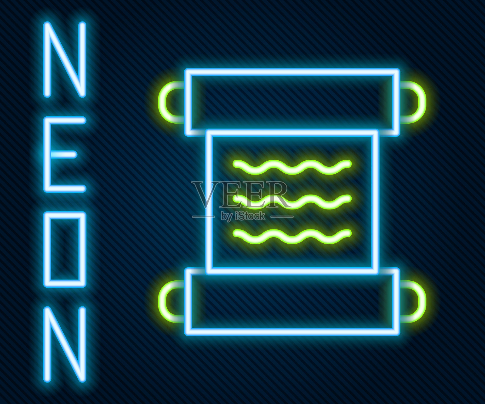 发光的霓虹灯线古代莎草卷轴图标孤立的黑色背景。羊皮纸。古埃及的象征。色彩缤纷的轮廓概念。向量插画图片素材