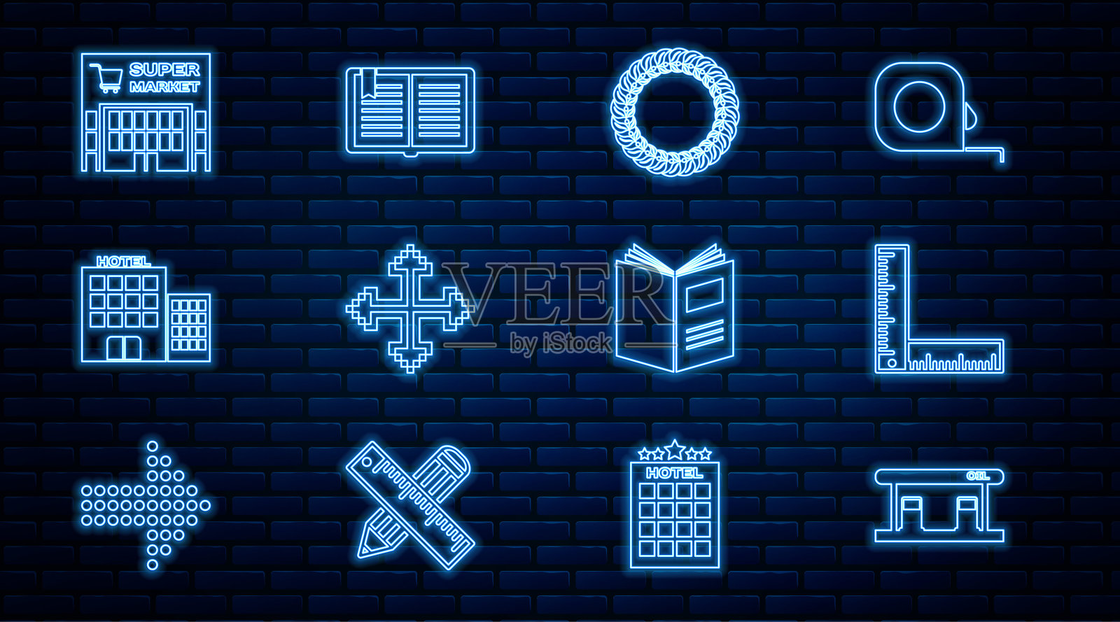 设线路加油站、折尺、月桂花圈、像素箭头四个方向、酒店大楼、超市、开卷及图标。向量插画图片素材