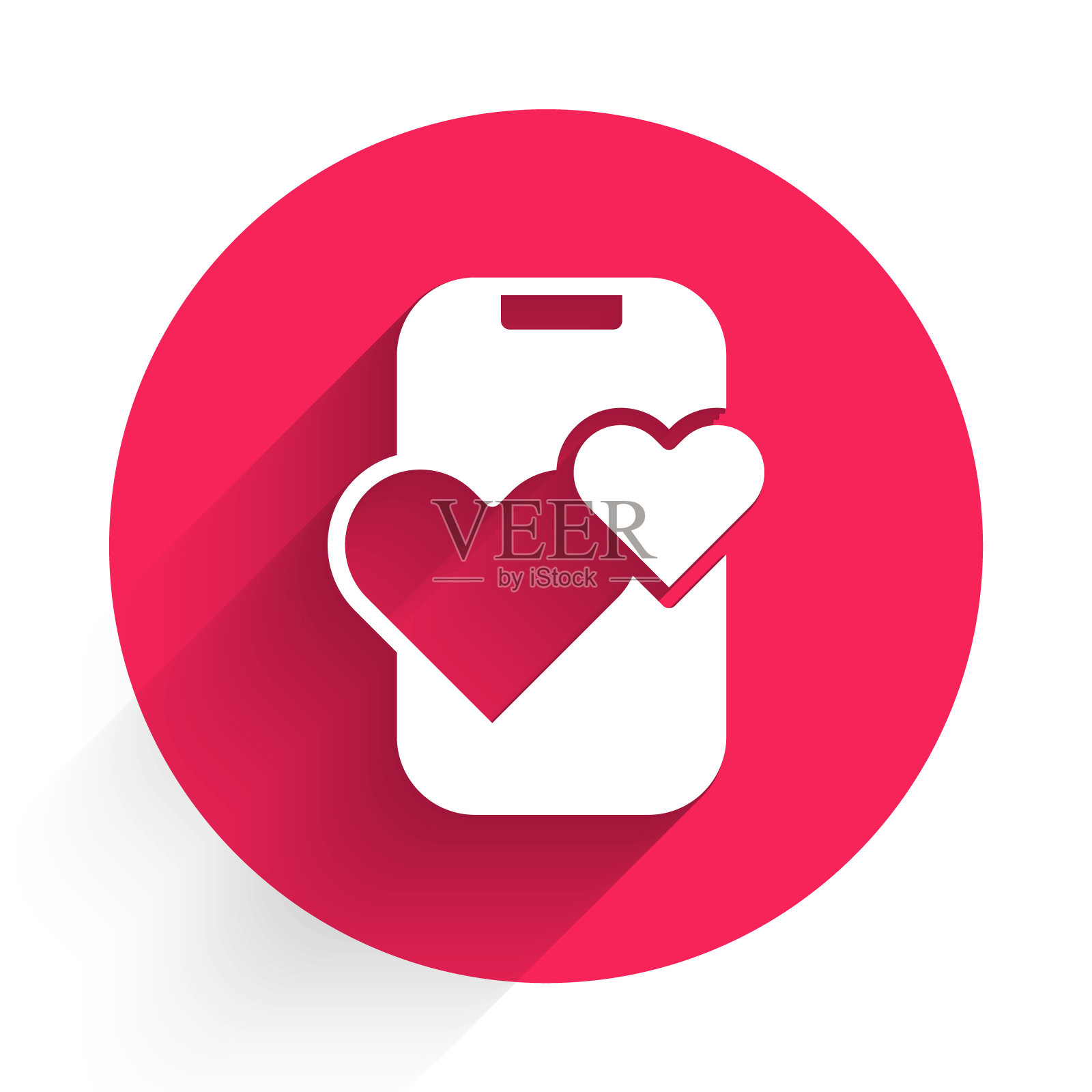 白色约会应用程序在线移动概念图标与长阴影背景隔离。女性男性轮廓扁平设计。夫妻关系的匹配。红色圆圈按钮。向量插画图片素材