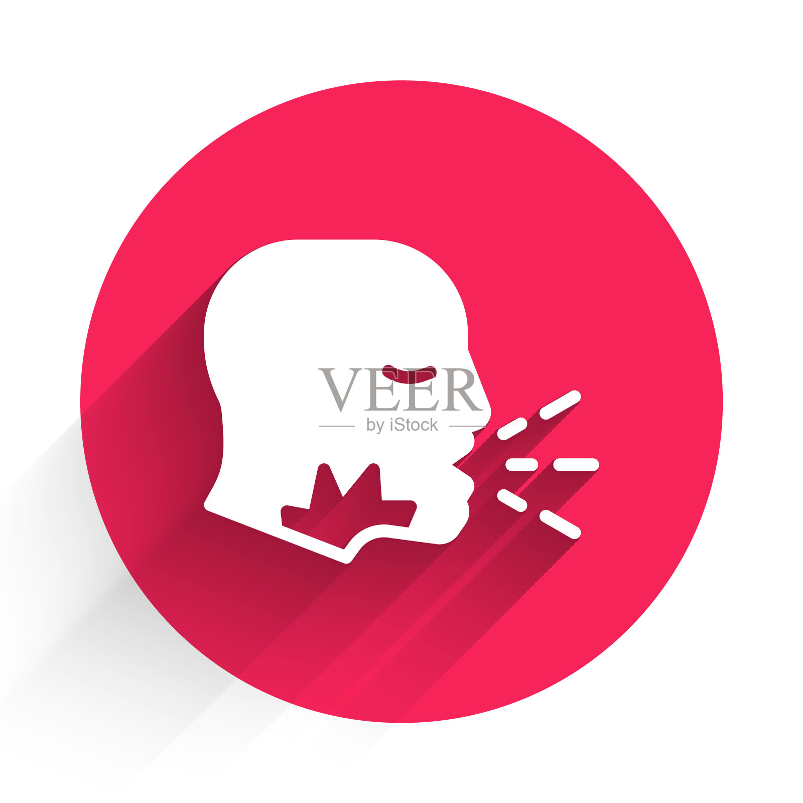 白人咳嗽图标孤立的长阴影。病毒感染、流行性感冒、流感、感冒症状。肺结核、腮腺炎、百日咳。红色圆圈按钮。向量。插画图片素材