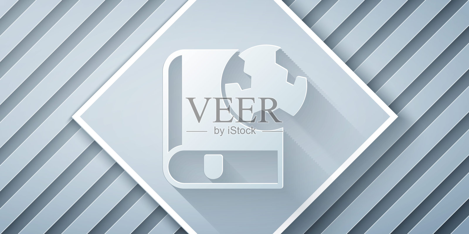 剪纸地球和书的图标孤立的灰色背景。世界或土象星座。全球互联网标志。几何形状。纸艺风格。向量插画图片素材