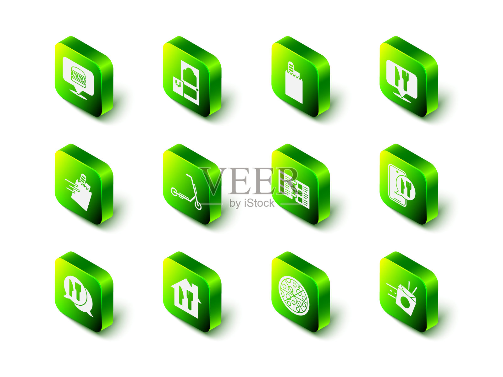 设置在线订购和交付，咖啡厅餐厅位置，面条，餐厅咖啡厅菜单，披萨和图标。向量插画图片素材