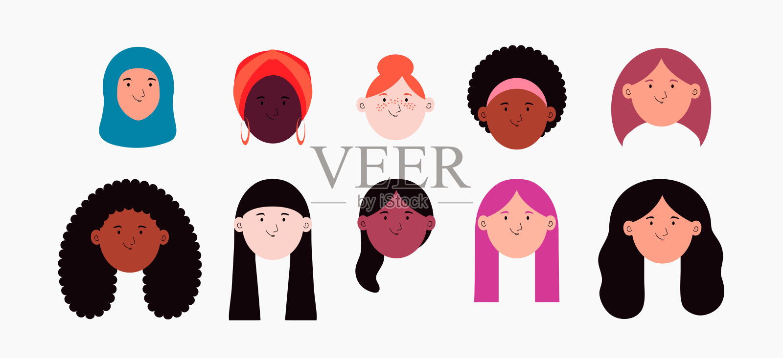 美丽多样的女人，女孩的脸庞，与世隔绝插画图片素材