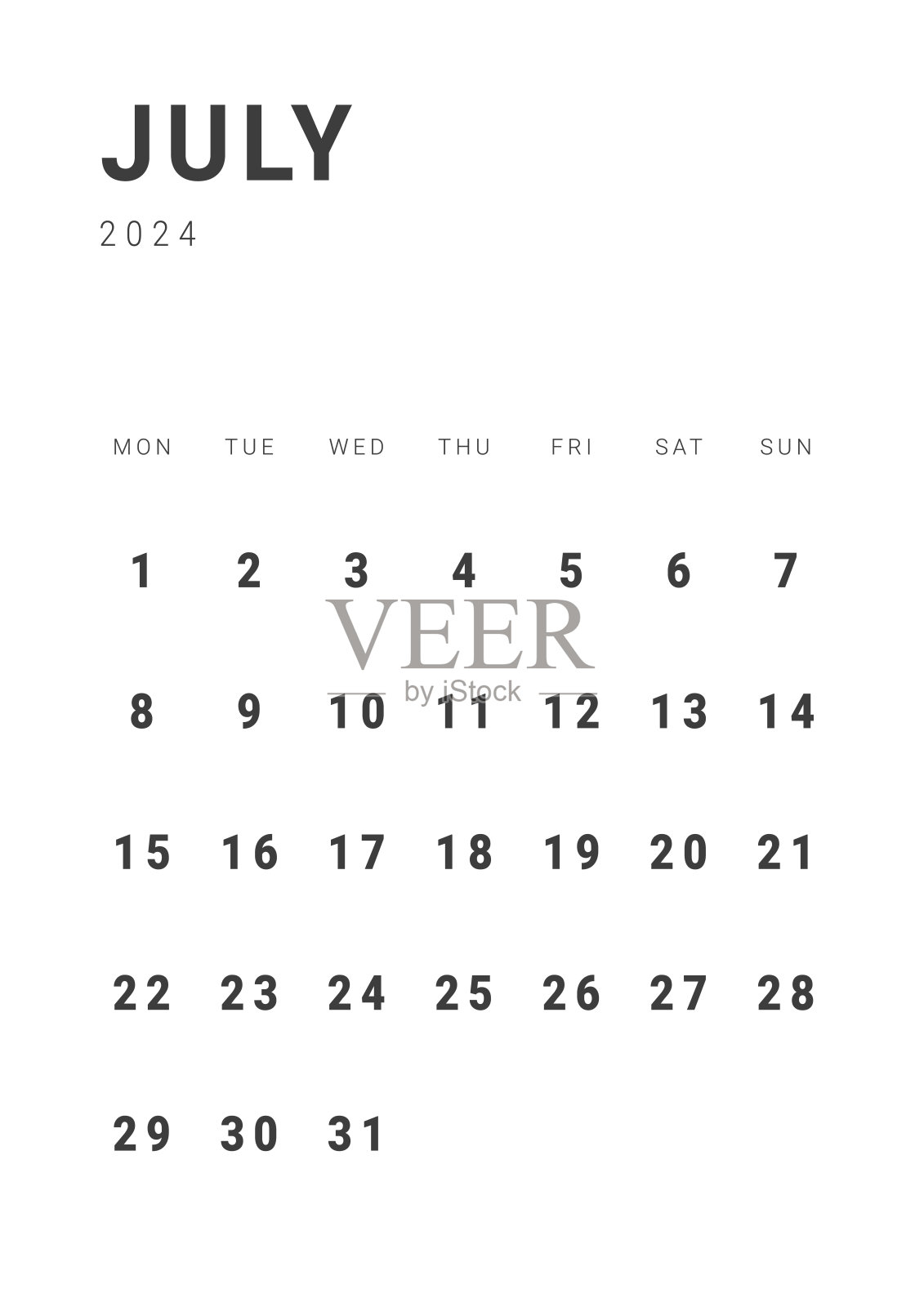 每月页面日历规划模板2024年7月。矢量布局的简单日历与周开始星期一打印。页码为A4或21x29.7公分插画图片素材