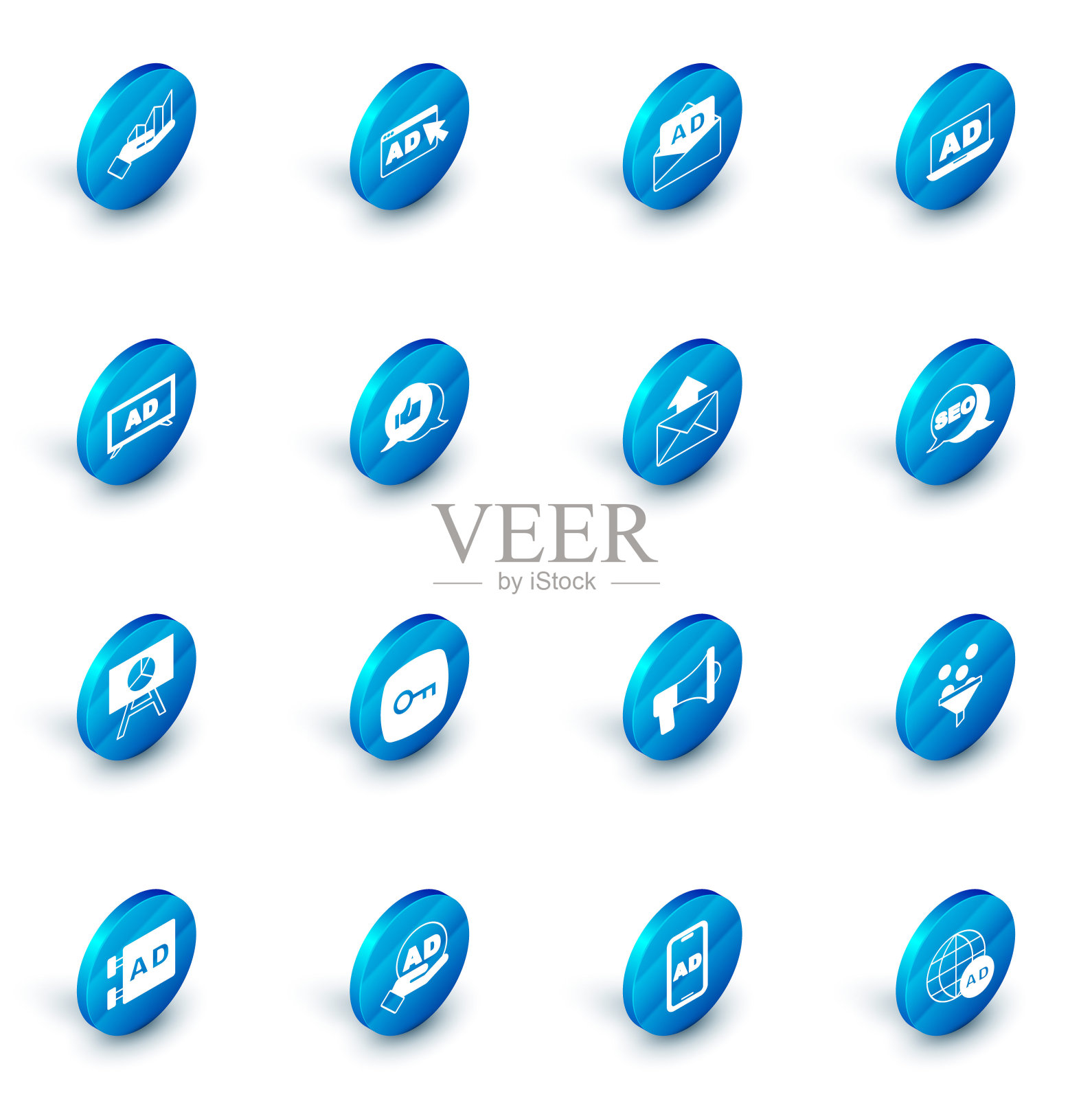 集广告，板与图表，客户产品评级，SEO优化和邮件和电子邮件图标。向量插画图片素材