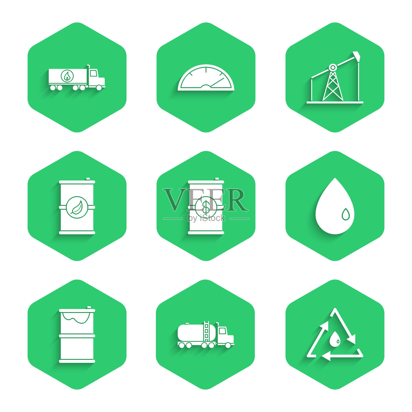 集桶油与美元，油罐车，油滴回收，泄漏，生物燃料桶，泵或泵千斤顶和图标。向量插画图片素材