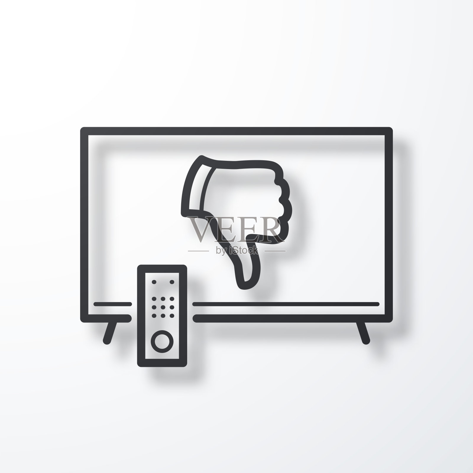 拇指向下看电视。线图标与阴影在白色背景插画图片素材
