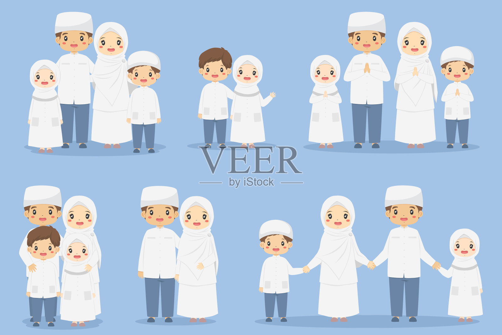 快乐的穆斯林家庭。父和子向量集插画图片素材