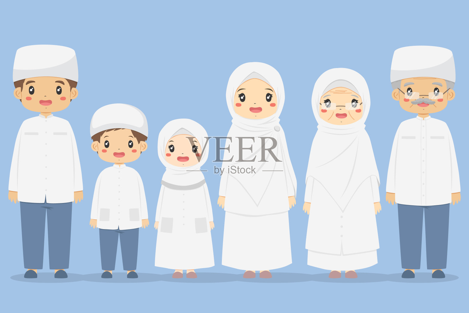 快乐的穆斯林家庭站在一起的字符向量插画图片素材