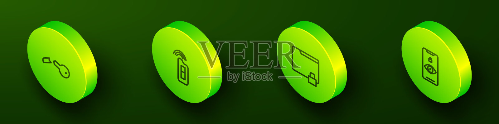 设置等距线断键，汽车与远程，文件夹和锁和眼睛扫描图标。向量插画图片素材