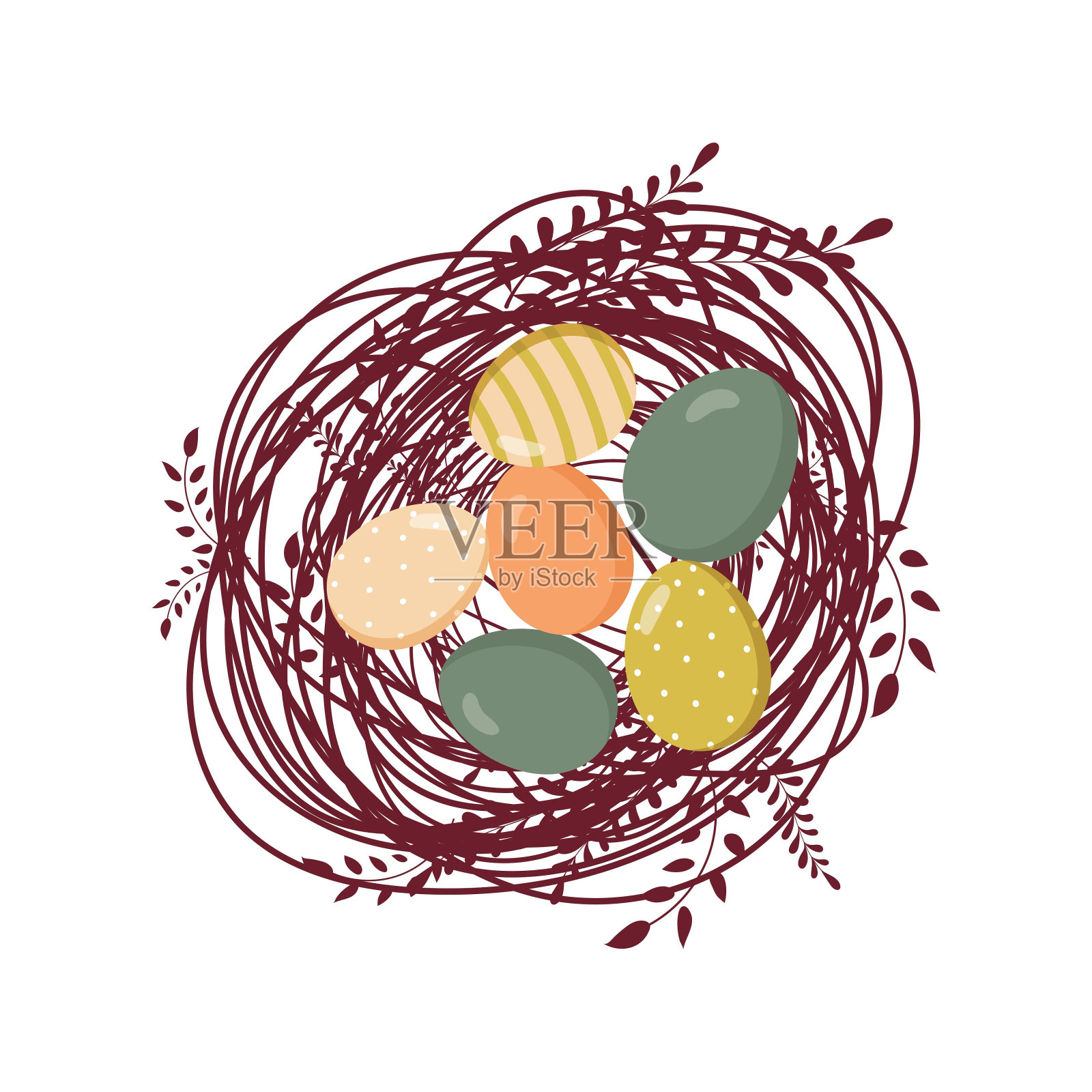 复活节彩蛋在巢里。有漂亮图画的复活节彩蛋。Easter.Hand-drawn快乐。矢量插图。插画图片素材