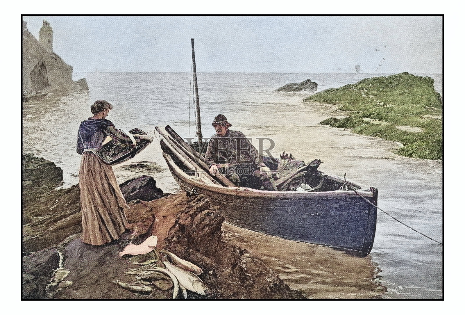 古董绘画照片:渔夫的妻子插画图片素材