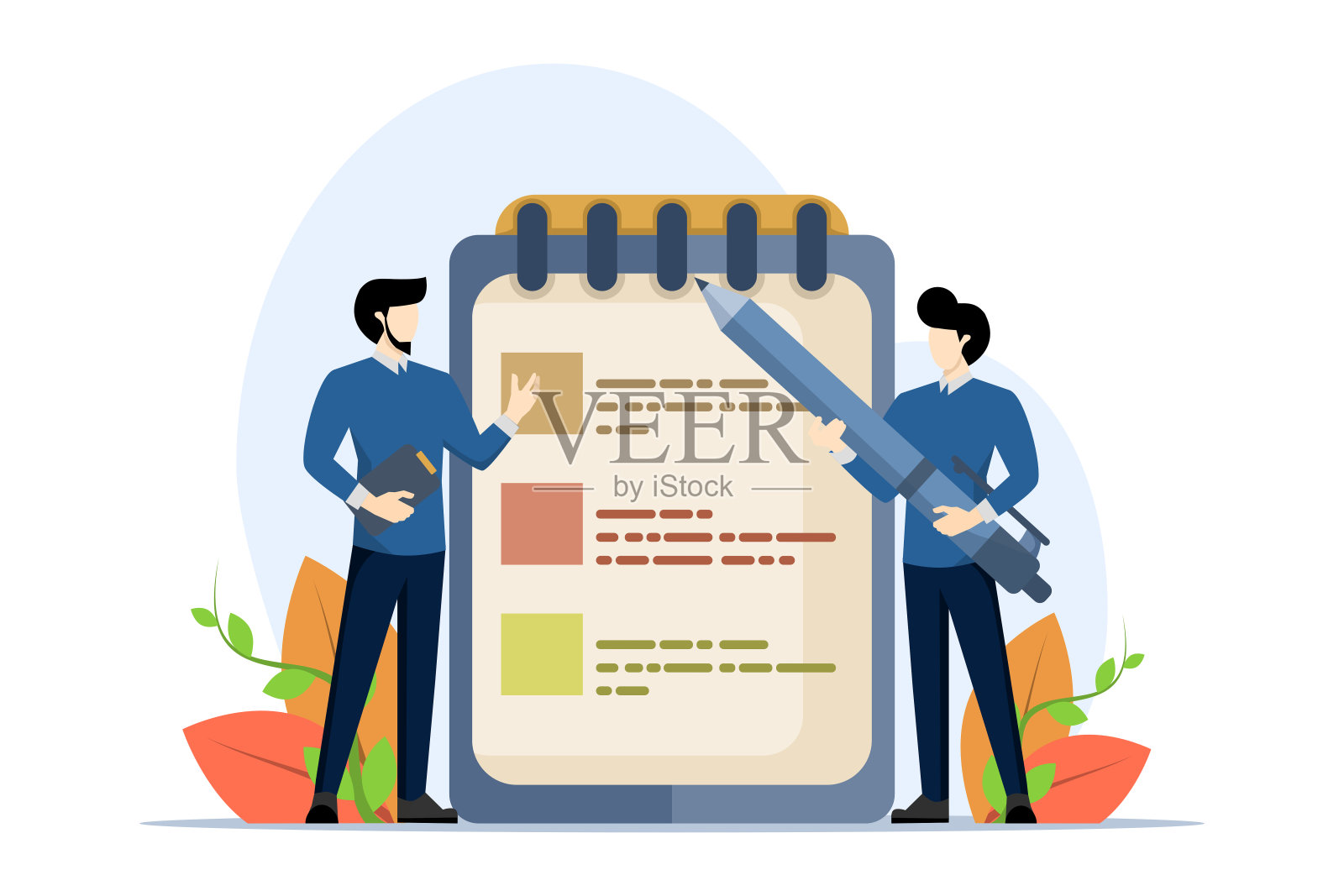 计划或生产力的概念，商人拿着铅笔和笔记本做笔记。为学习和工作做笔记，是记录重要信息、总结或结论的有效方式。插画图片素材