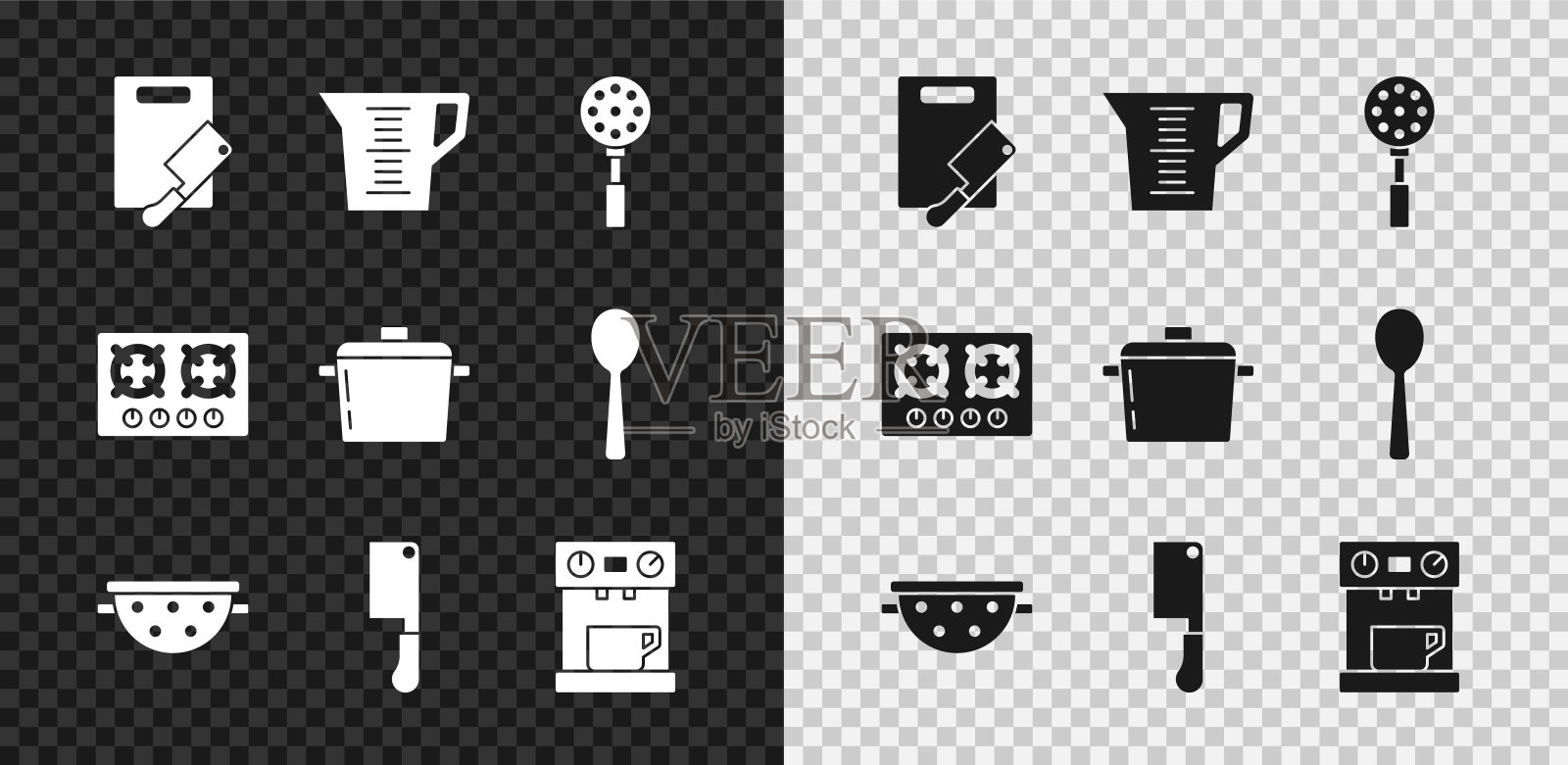设置砧板和肉斩，量杯，抹刀，厨房滤锅，肉，咖啡机，煤气炉和烹饪锅图标。向量插画图片素材