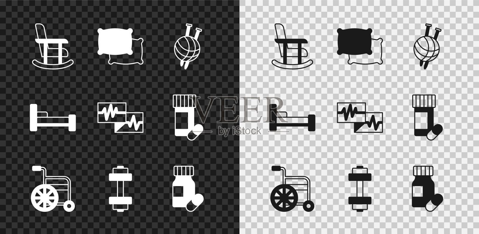 集摇椅，枕头，纱线球与针织针，轮椅，哑铃，药瓶和药丸，床和监测心电图图标。向量插画图片素材