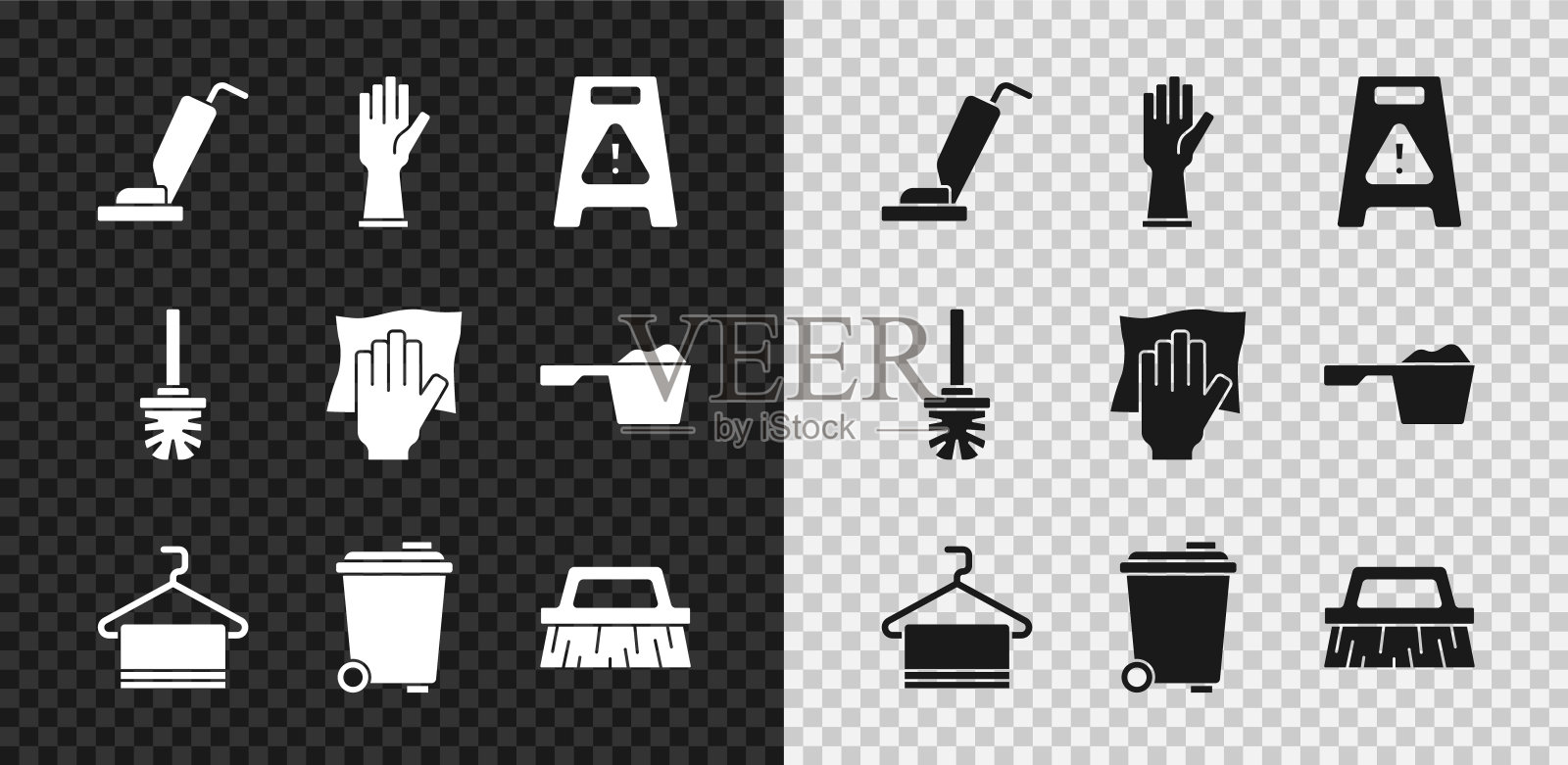 集吸尘器，橡胶手套，湿地板，毛巾挂，垃圾桶，清洁刷，马桶刷和清洁服务图标。向量插画图片素材