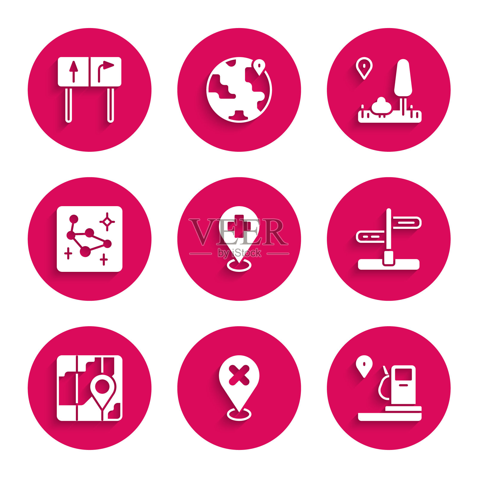 设置医疗位置与十字，位置标记，加油站，道路交通标志，城市地图导航，大熊星座，和图标。向量插画图片素材