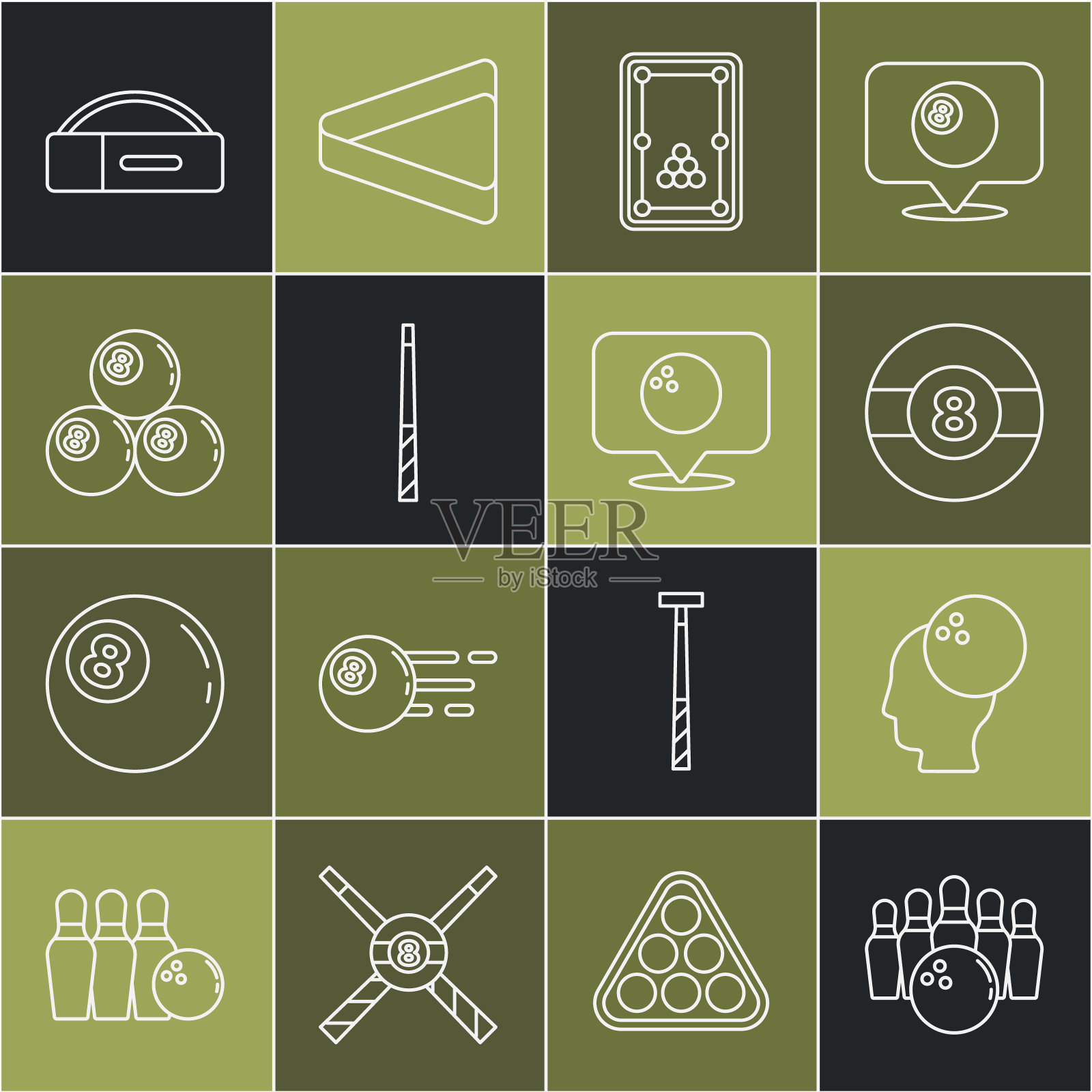 设置线保龄球瓶和球，台球，桌子，球杆，台球和位置与保龄球图标的情况。向量插画图片素材