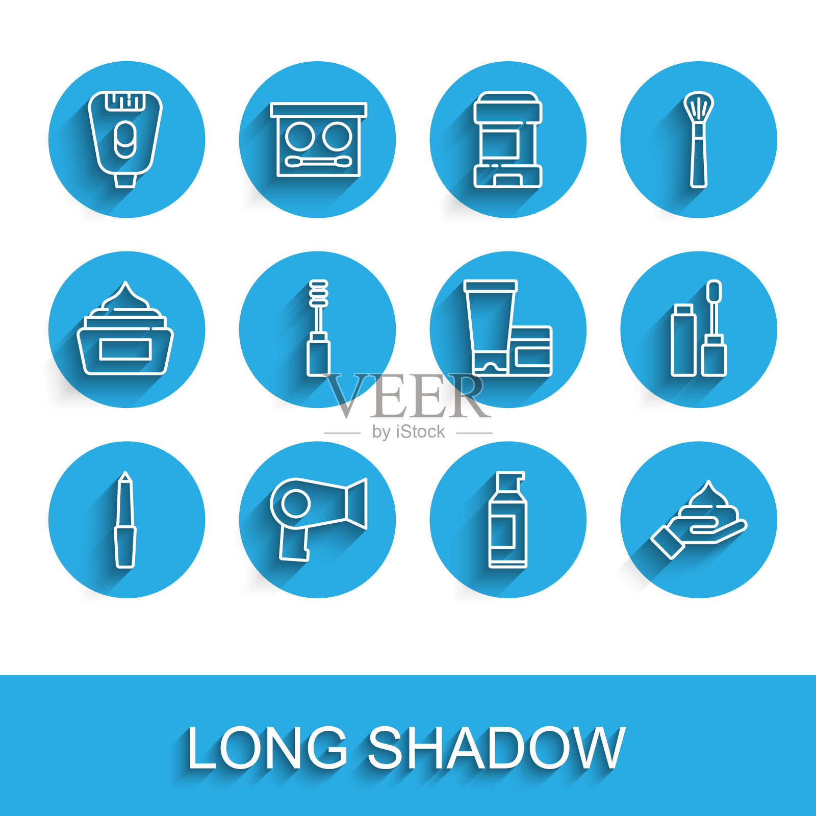 套装线指甲锉，吹风机，脱毛器，发胶喷雾罐，乳霜乳液化妆管，睫毛膏刷，和图标。向量插画图片素材