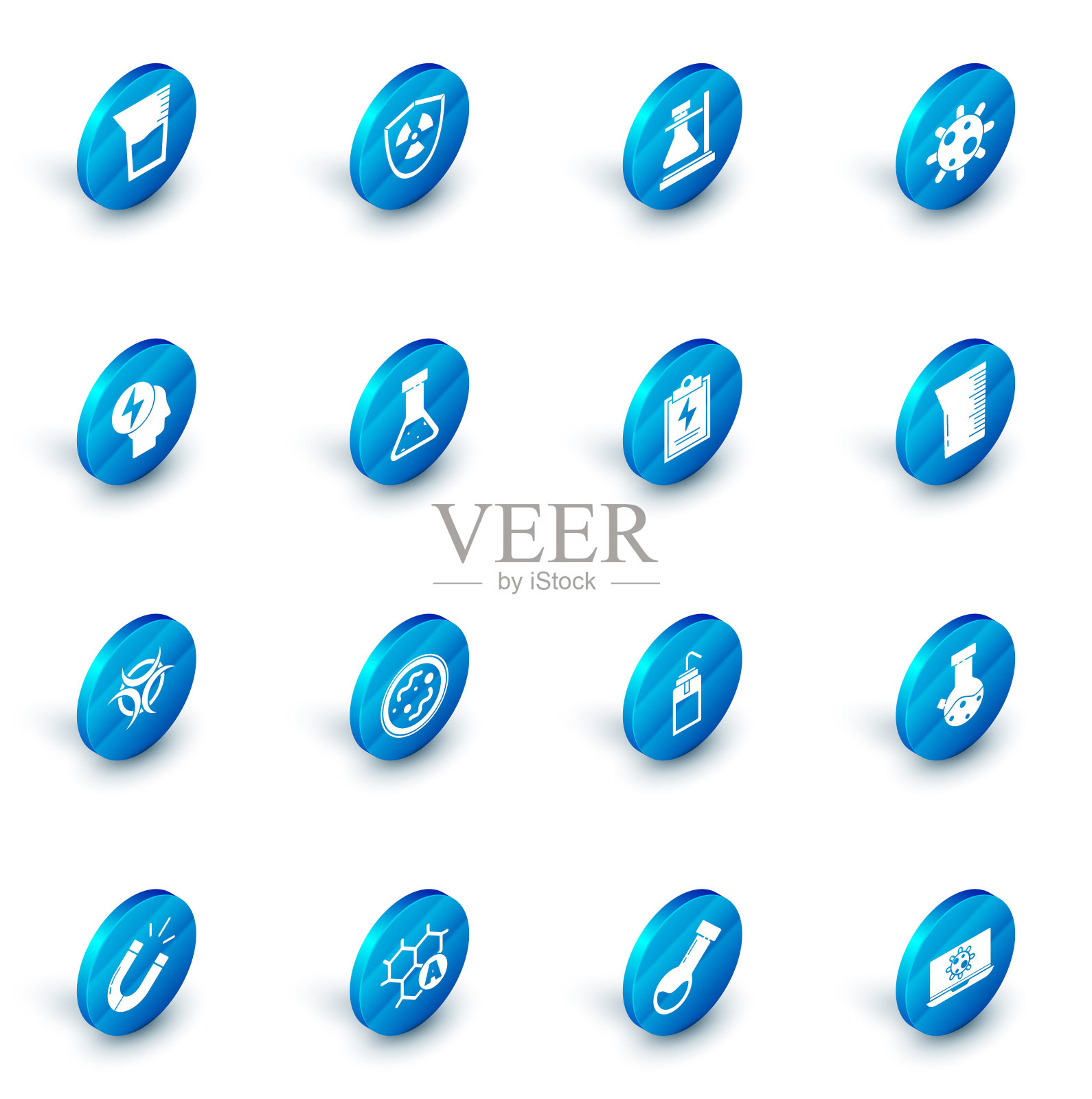 设置放射性屏蔽，试管烧瓶在支架上，细菌，头部电气符号，生物危害，化学，实验室玻璃器皿或烧杯和带检查表图标的剪贴板。向量插画图片素材