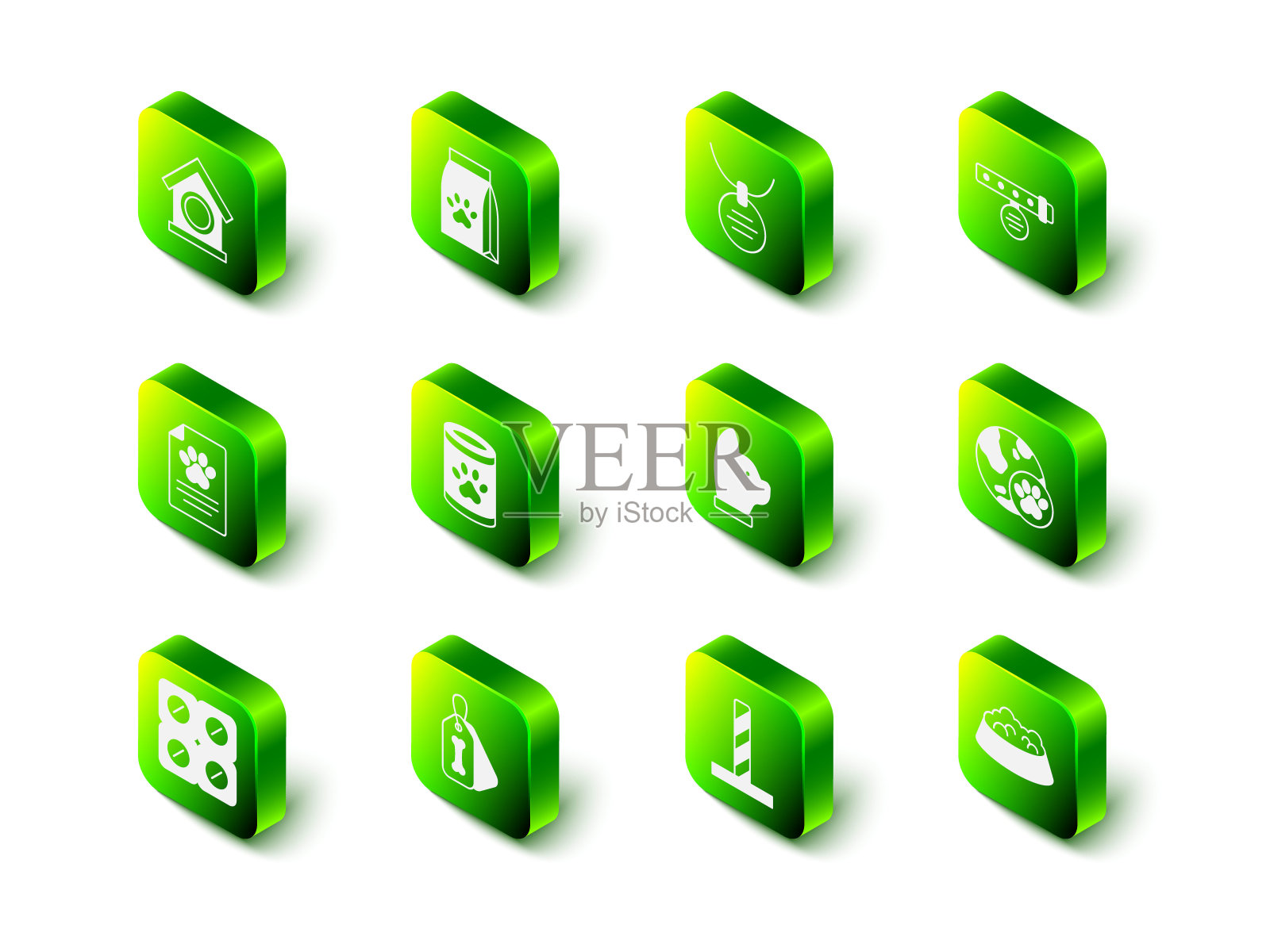 集食品袋宠物，项圈与名牌，世界，宠物碗猫狗，猫，抓后玩具和狗项圈骨图标。向量插画图片素材