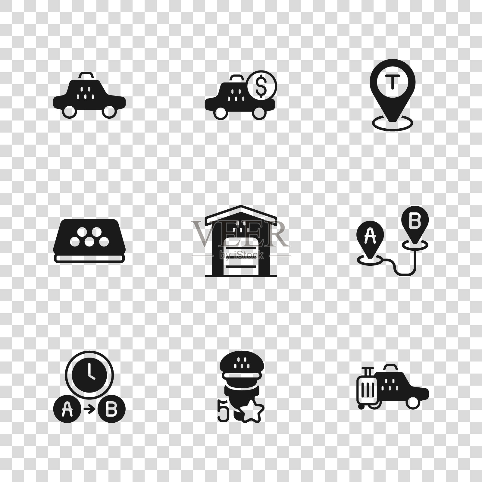 设置出租车服务等级，路线位置，汽车，出租车车库，位置，计价器设备和车顶图标。向量插画图片素材