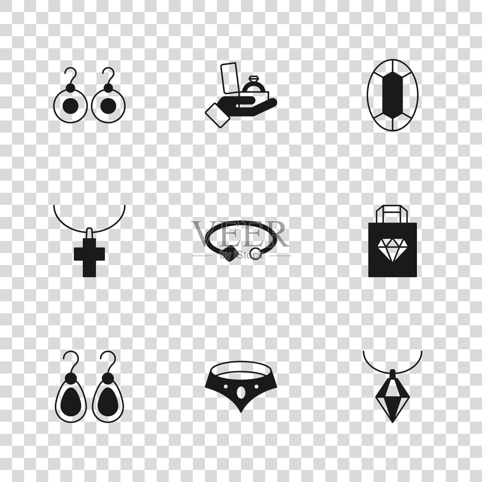 集项链，购物袋珠宝，吊坠项链，手镯，宝石石，耳环，钻石订婚盒和基督教十字架链图标。向量插画图片素材