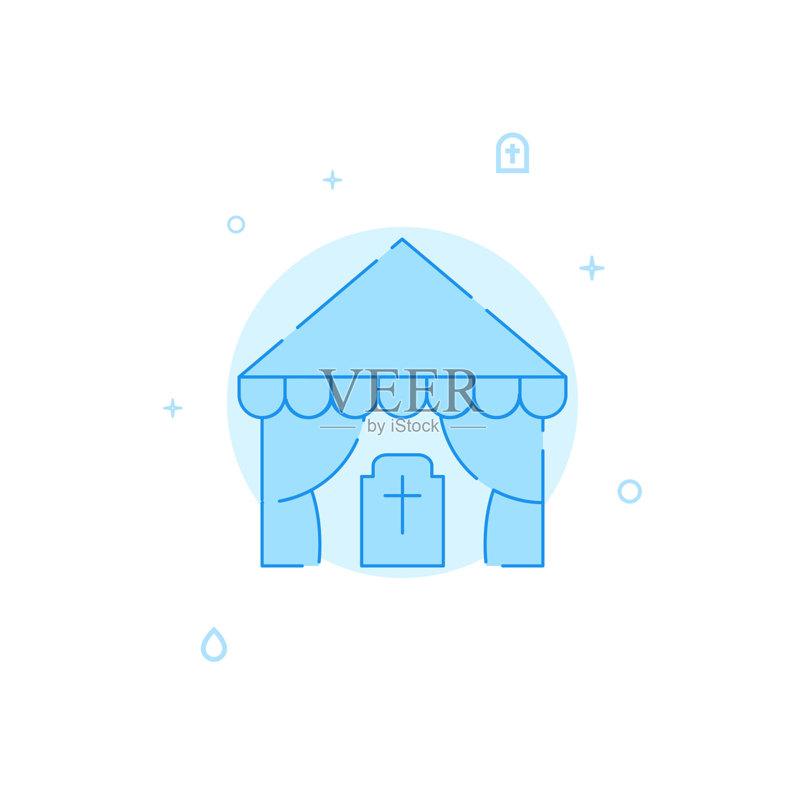 墓地，葬礼帐篷平面矢量图标。填充线条样式。蓝色单色设计。可编辑的中风插画图片素材