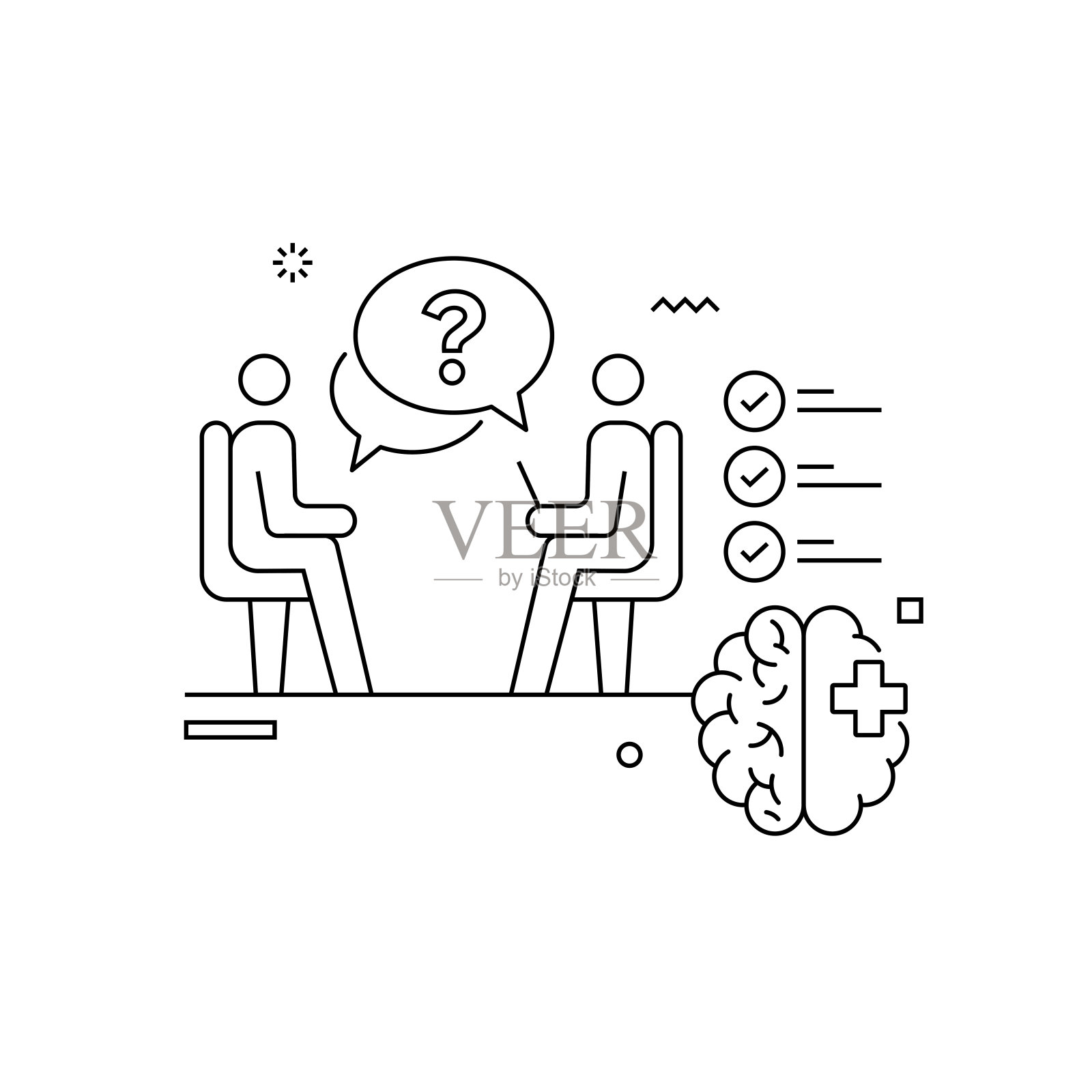 具有线条图标的心理学家相关设计。简单的轮廓符号图标。问题、支持、建议、焦虑、压力、抑郁、心理健康插画图片素材