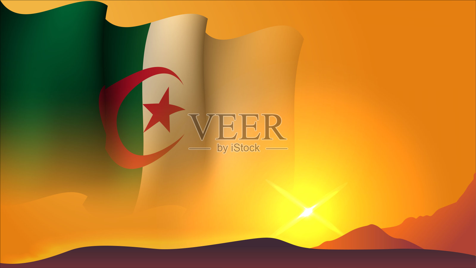 阿尔及利亚挥舞的旗帜概念背景设计与日落在山上矢量插图插画图片素材