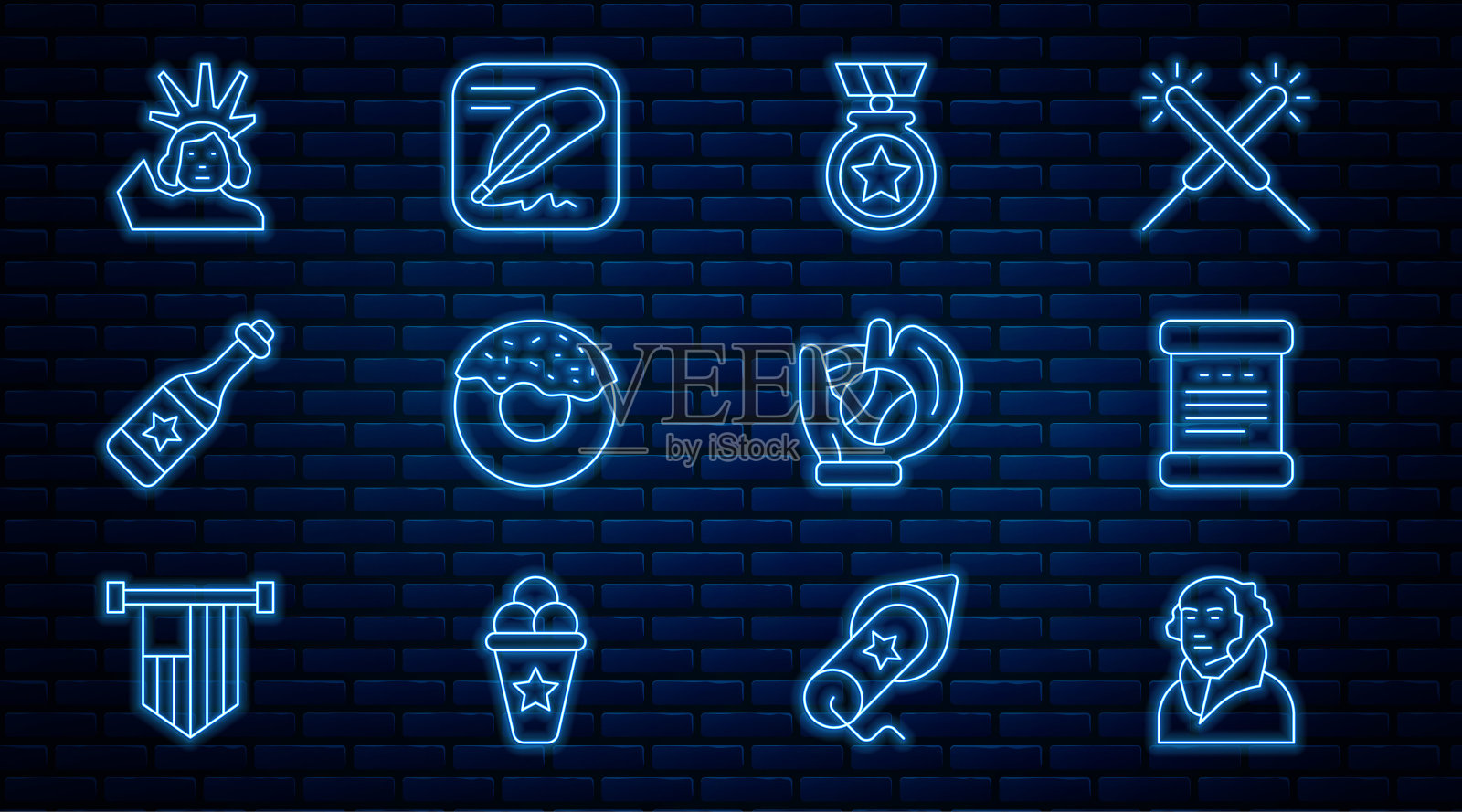 设定乔治·华盛顿，独立宣言，带星奖章，甜甜圈，香槟瓶，自由女神像，棒球手套球和图标。向量插画图片素材