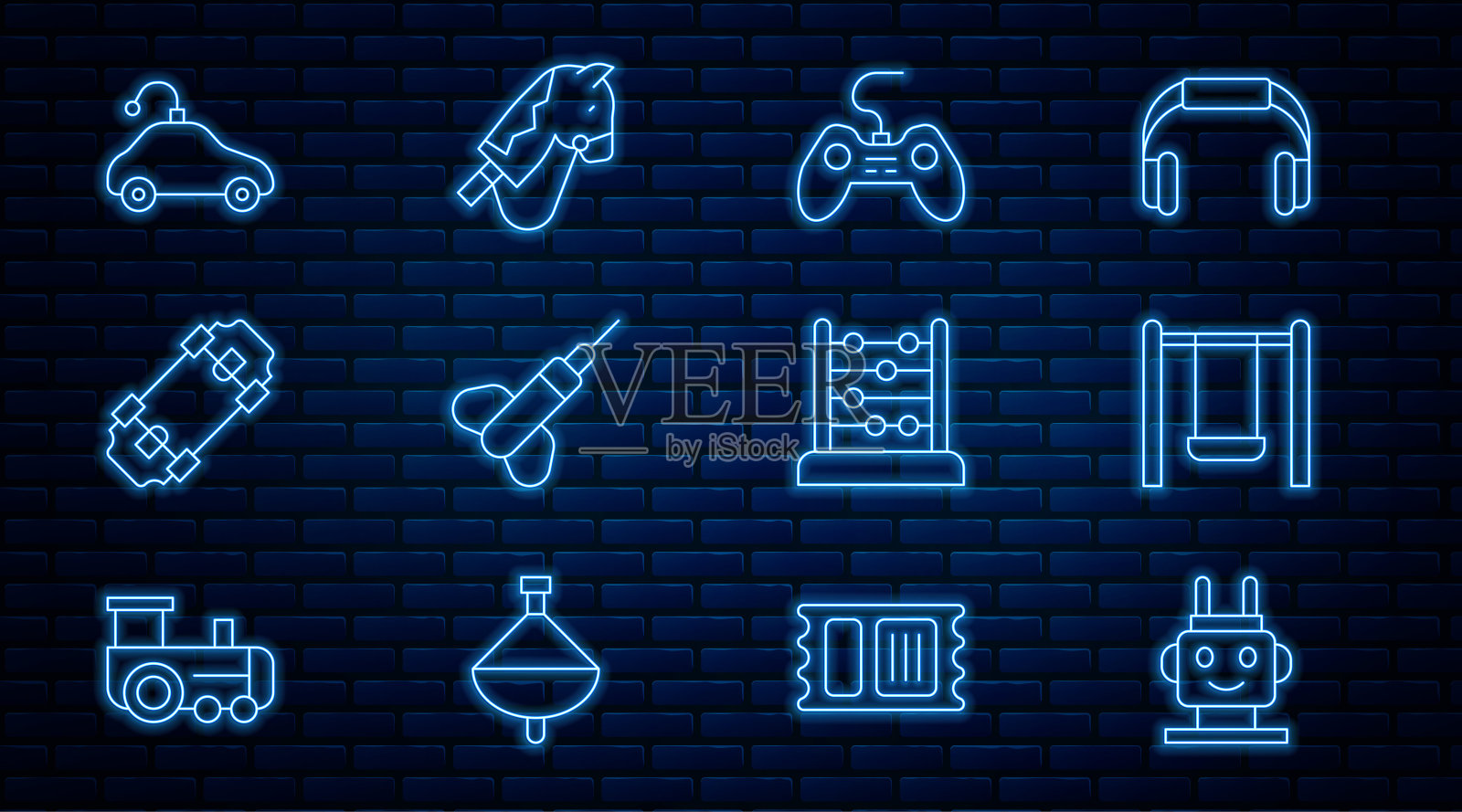 集线机器人玩具，秋千，手柄，飞镖箭，滑板，无线电控制的汽车，算盘和玩具马图标。向量插画图片素材