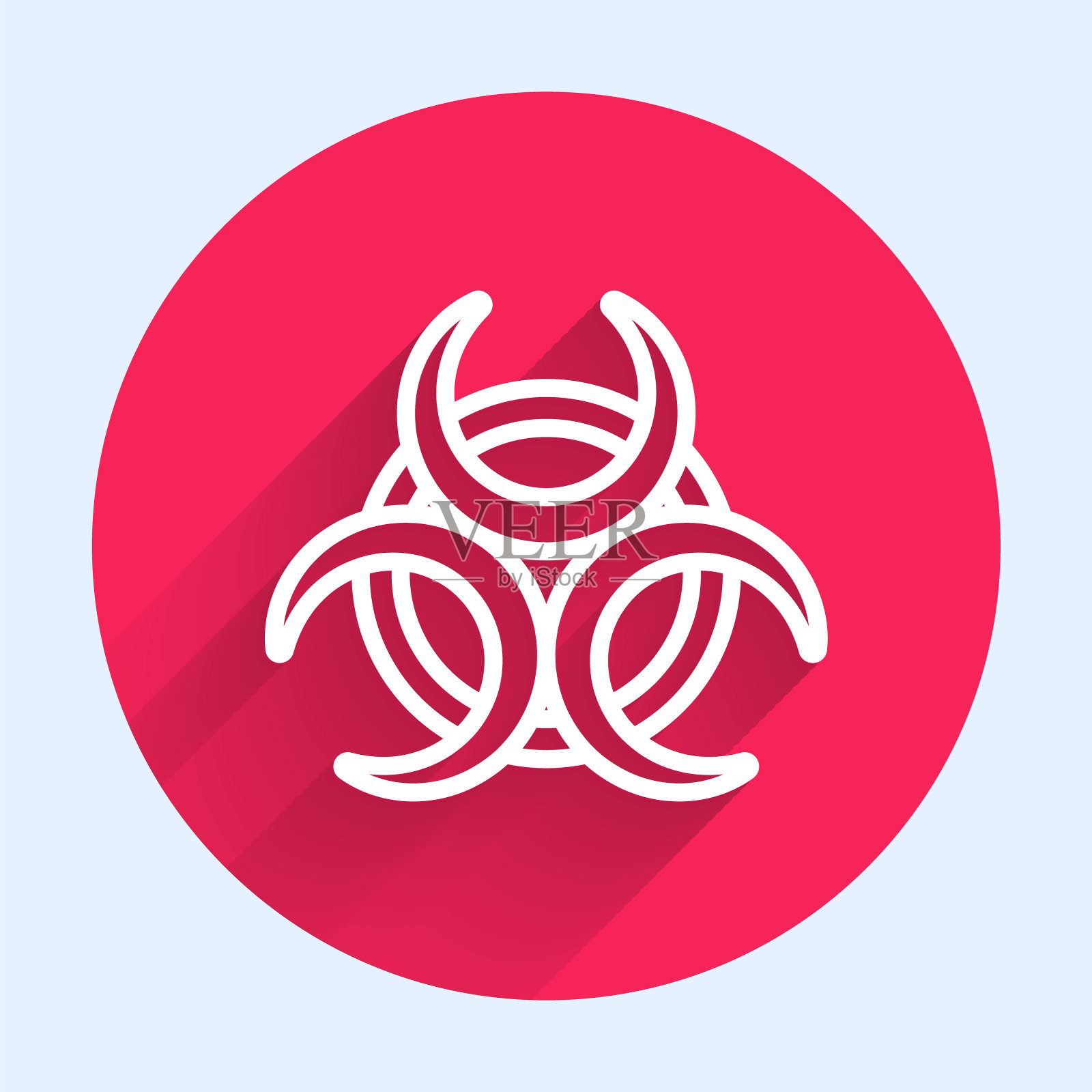 白线生物危害符号图标与长阴影隔离。红色圆圈按钮。向量插画图片素材