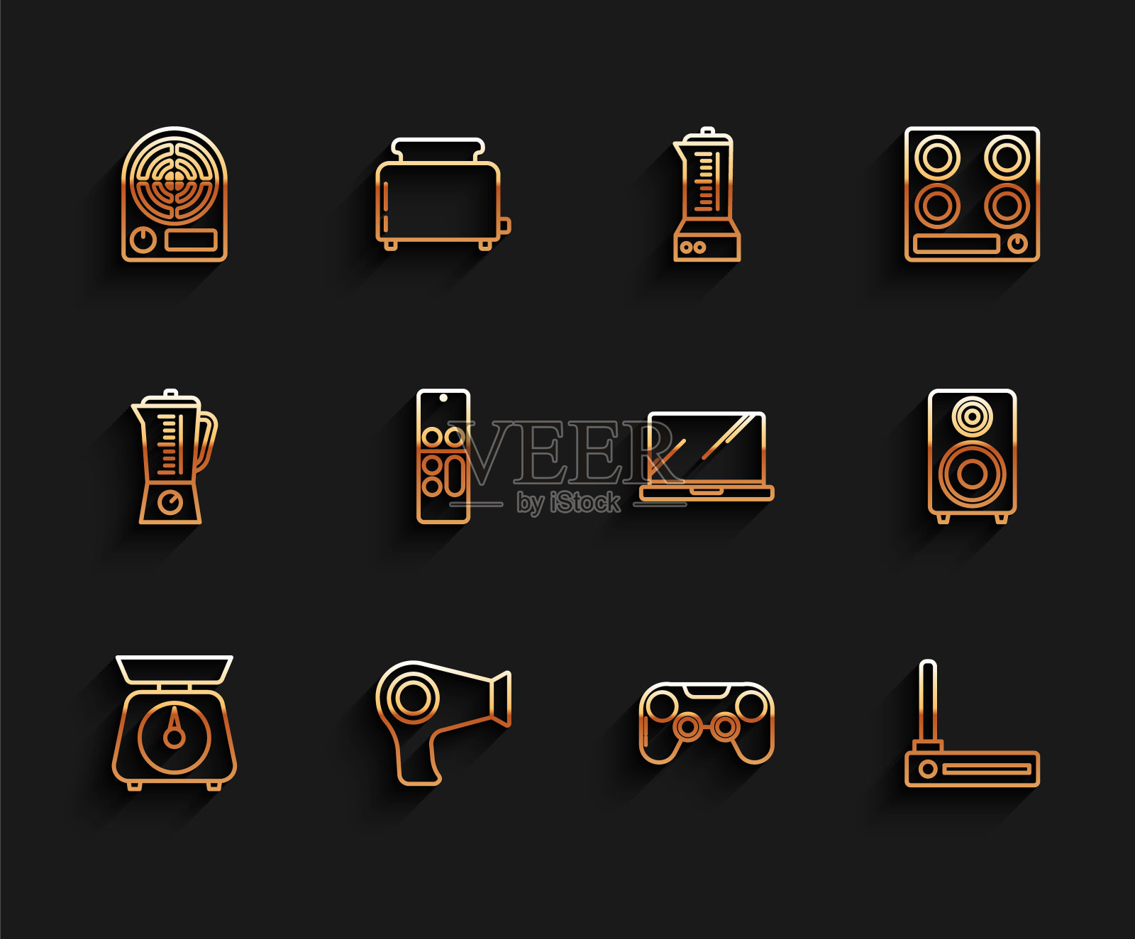 设置线秤，吹风机，电热器，手柄，路由器和wi-fi信号，遥控器，立体声扬声器和笔记本电脑图标。向量插画图片素材