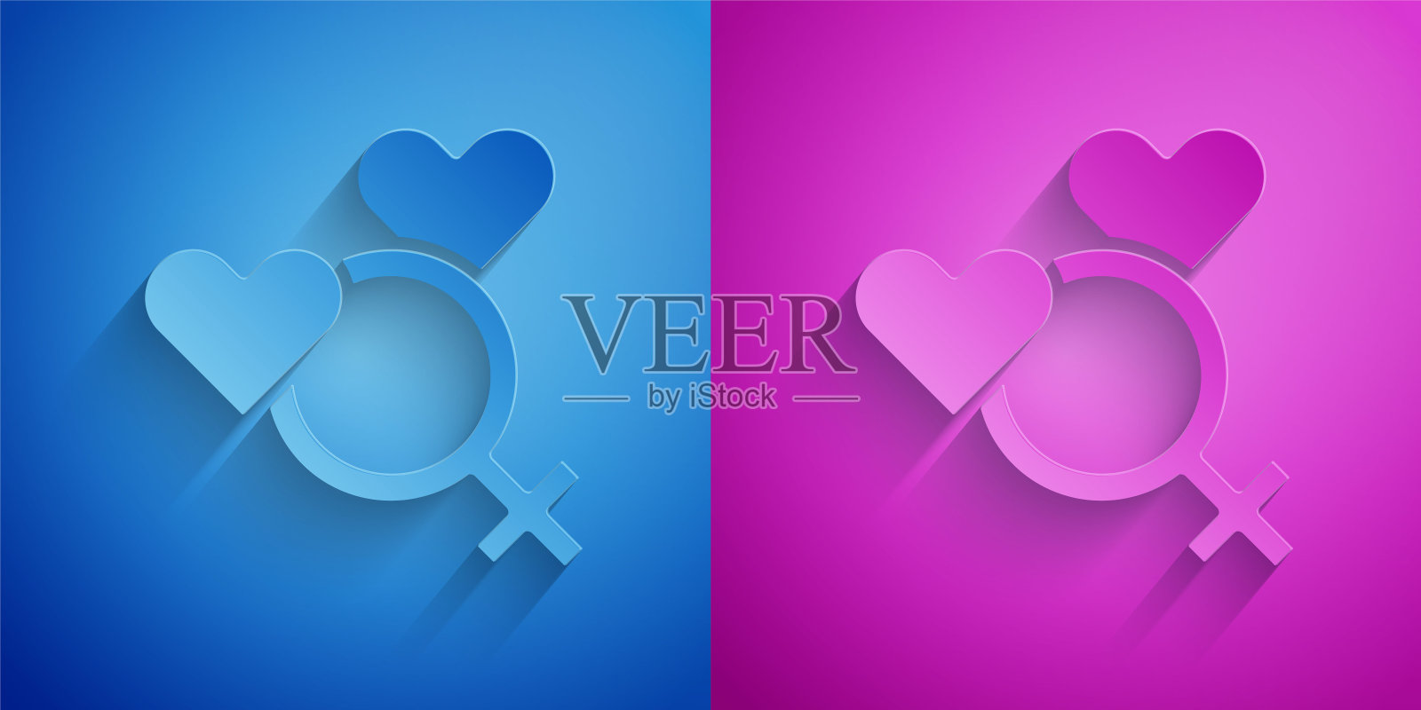 剪纸女性性别符号图标隔离在蓝色和紫色的背景。金星象征。象征女性有机体或女性的符号。纸艺风格。向量插画图片素材