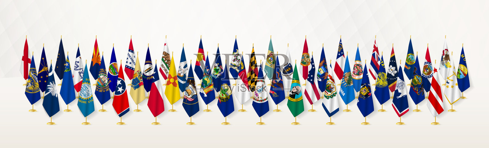 美国所有的州在一个旗杆上排成四行。插画图片素材