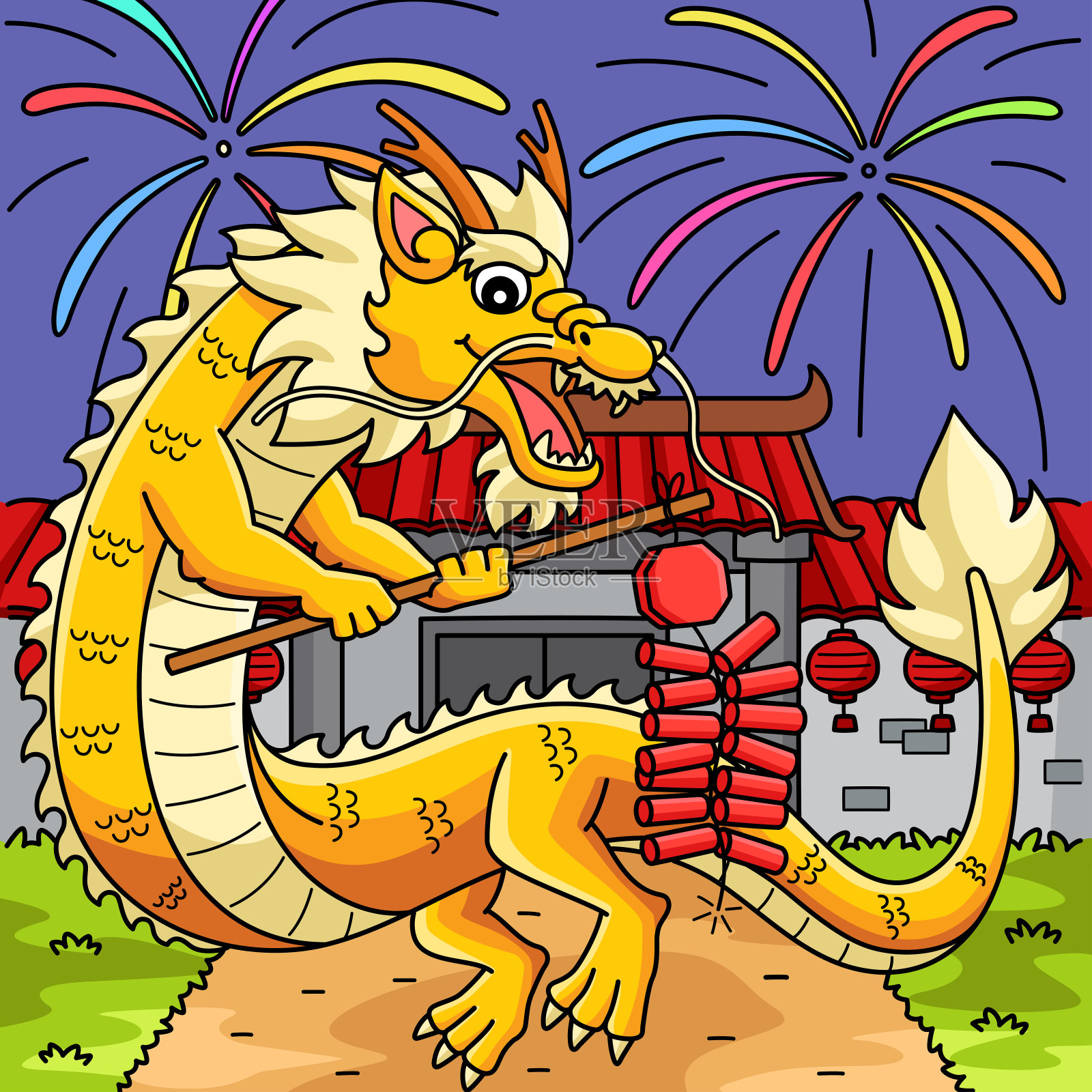 龙年烟花彩色卡通插画图片素材