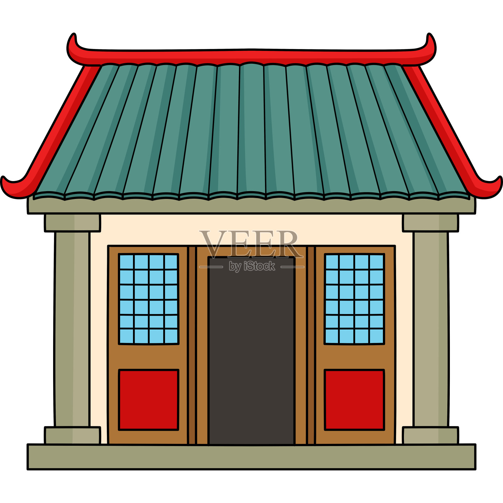中国寺庙卡通彩色剪贴画插画图片素材